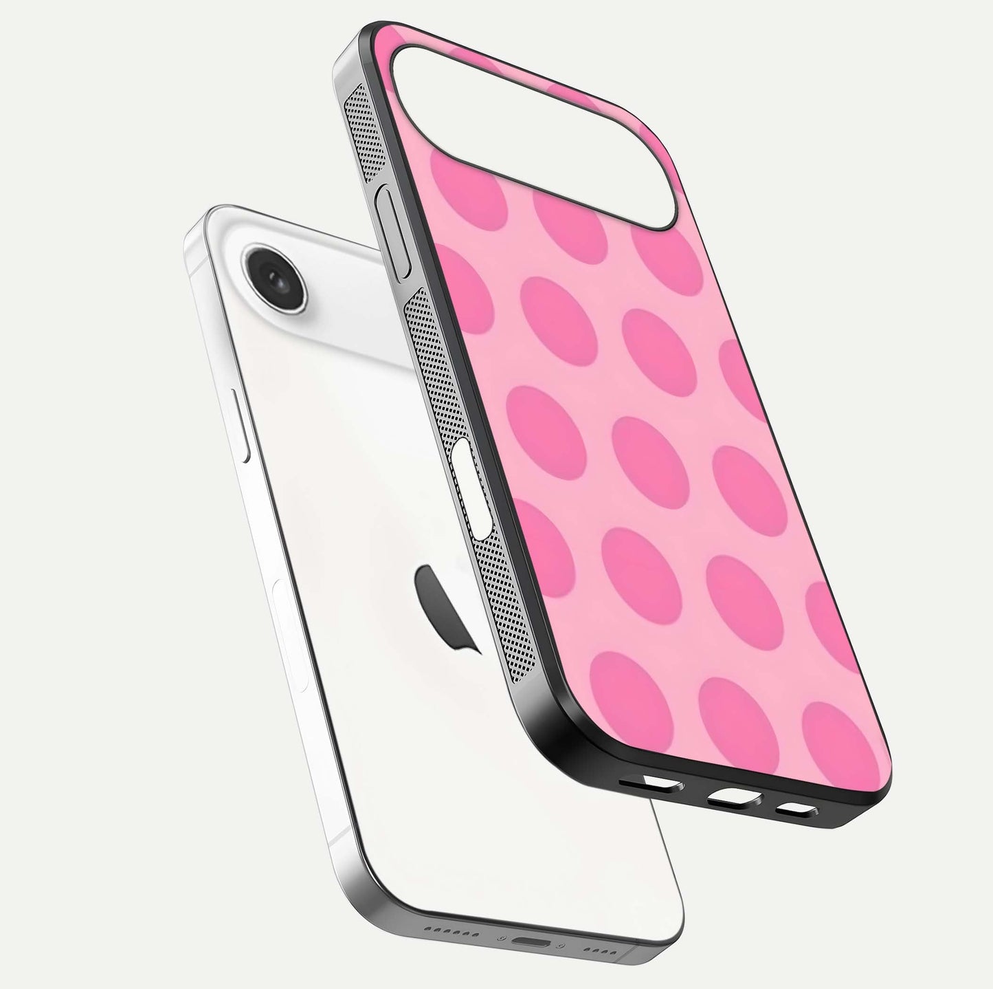 Sweet Dot Dreams iPhone Air glass phone case floating view emphasizing glossy surface and soft playful styling