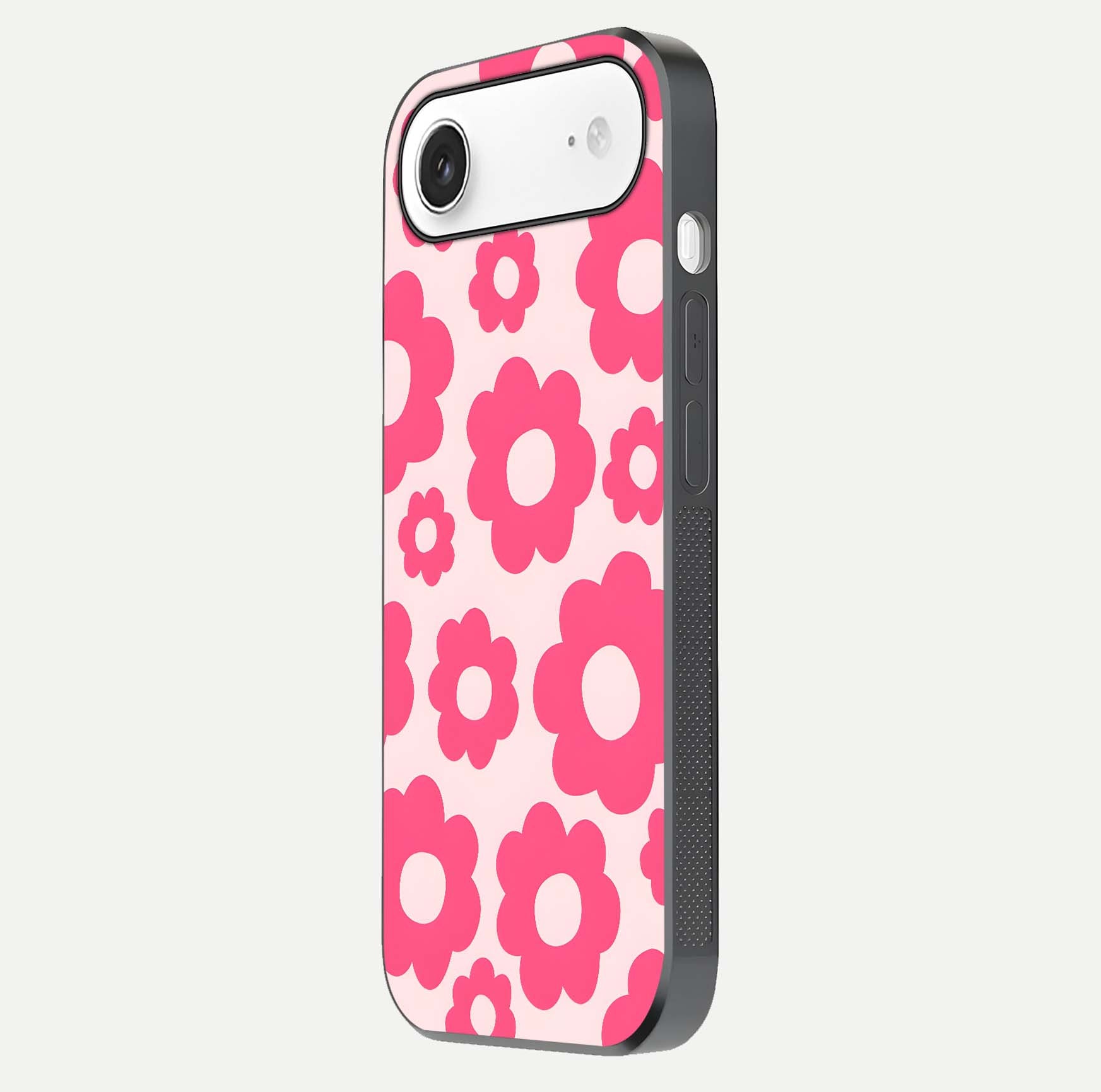 Blush Flower Pop iPhone Air glass phone case side profile view focusing on clean edges and seamless floral wrap