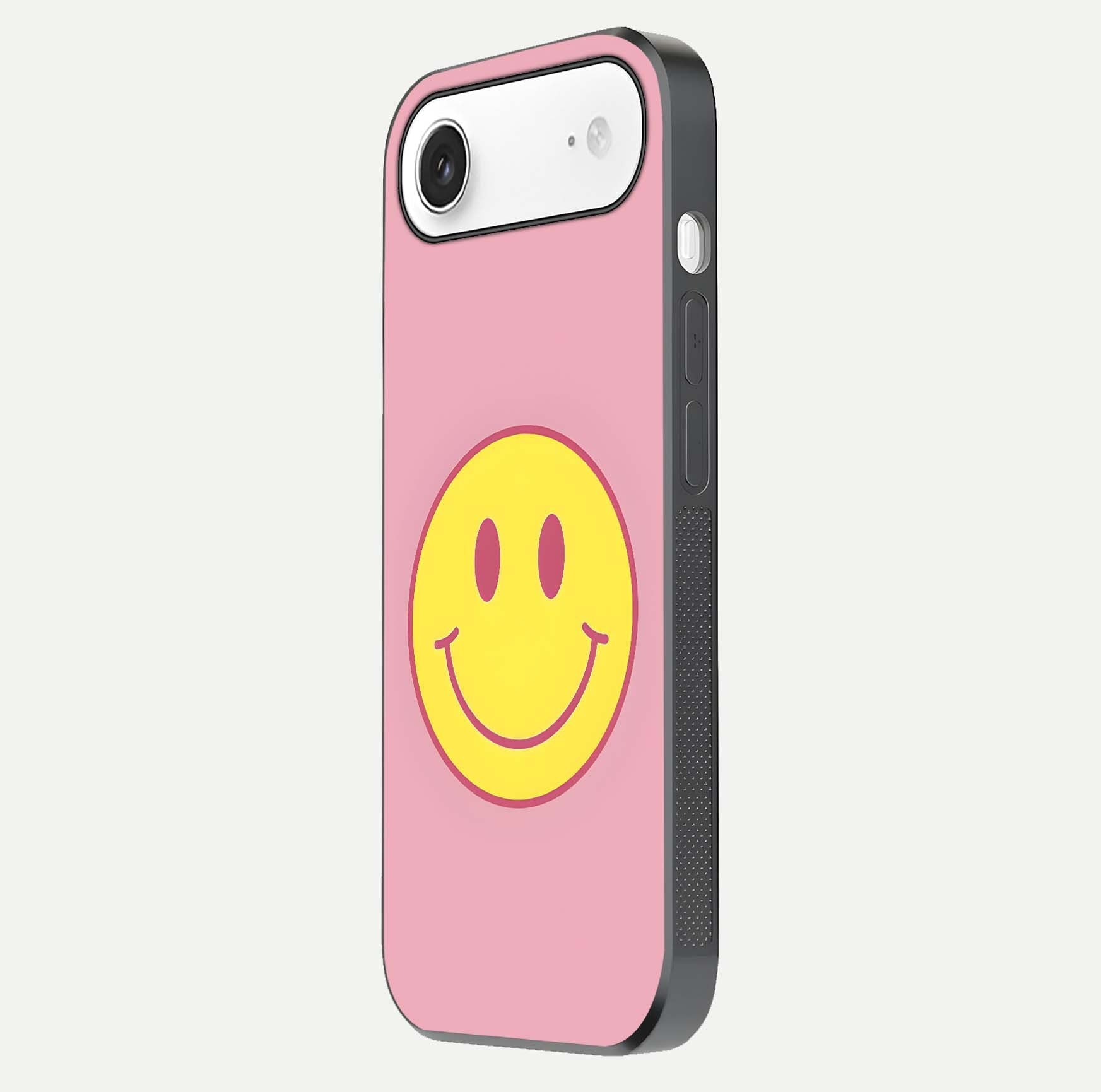 Happy Pink Mood iPhone Air glass phone case side profile view focusing on smooth frame and clean wrap