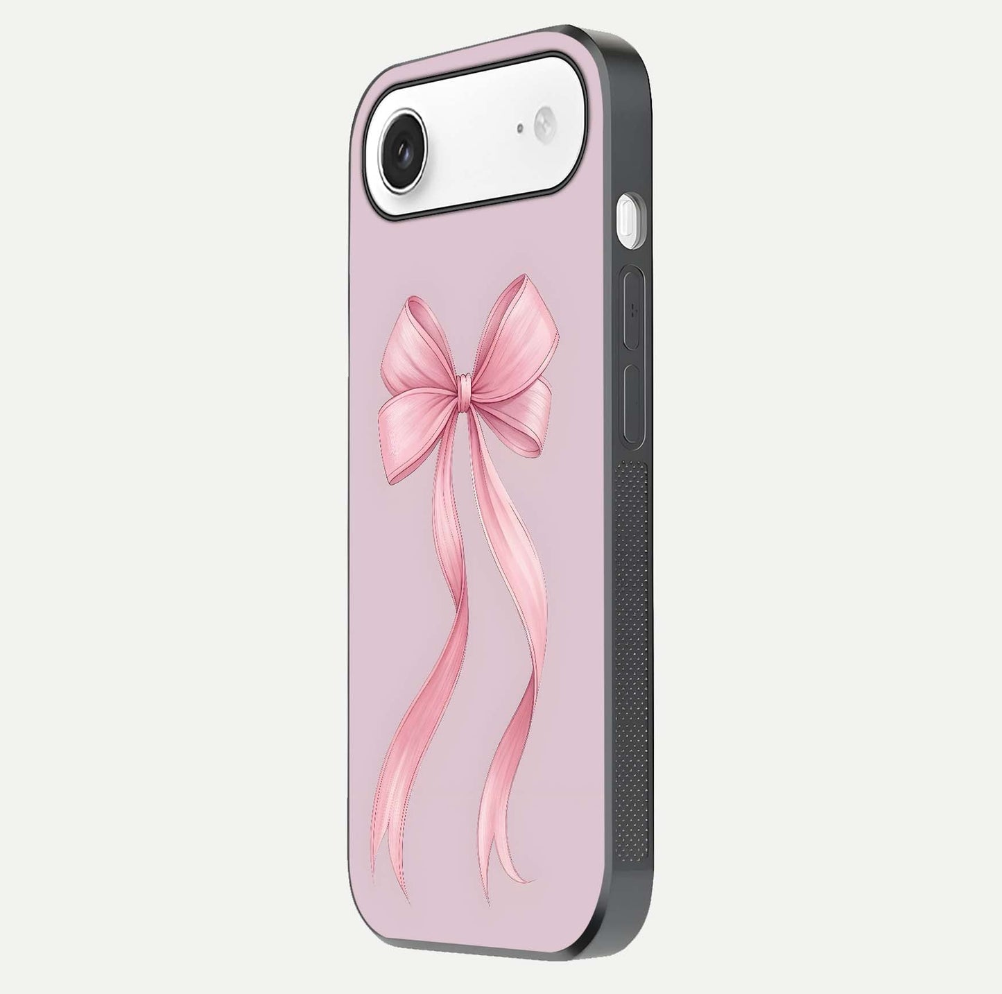 Soft Blush Bow iPhone Air glass phone case side profile view focusing on sleek edges and seamless wrap