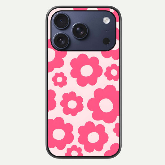 Blush Flower Pop iPhone 17 Pro glass phone case front view featuring playful blush floral artwork with glossy finish