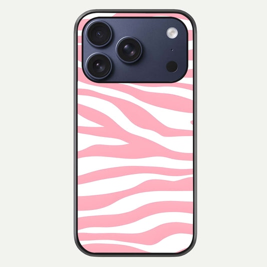 Blush Zebra Flow iPhone 17 Pro glass phone case front view featuring modern zebra flow pattern in blush tones