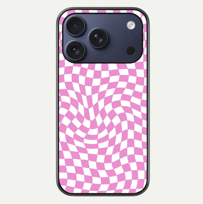 Bubblegum Check Wave iPhone 17 Pro glass phone case front view showcasing playful bubblegum check wave pattern with glossy finish