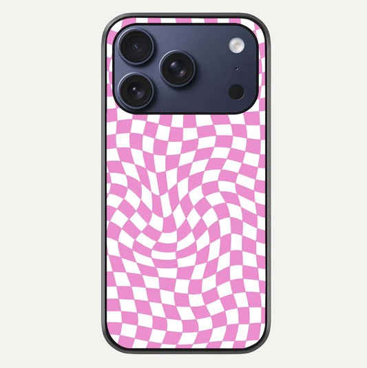 Bubblegum Check Wave iPhone 17 Pro glass phone case front view showcasing playful bubblegum check wave pattern with glossy finish