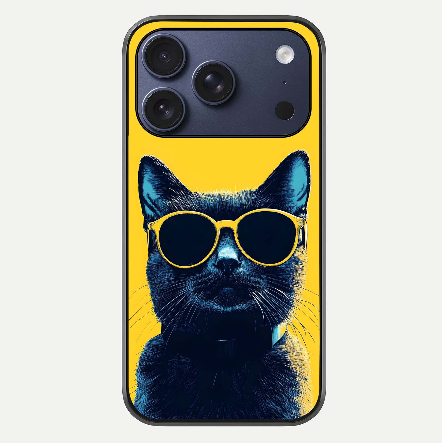 Cool Cat Vibes iPhone 17 Pro glass phone case front view featuring playful cat illustration with cool aesthetic tones