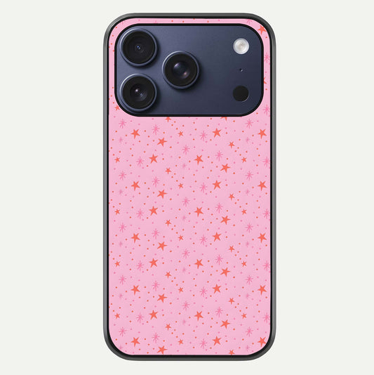 Cosmic Pink Sparkle iPhone 17 Pro glass phone case front view showcasing shimmering pink cosmic artwork with glossy finish