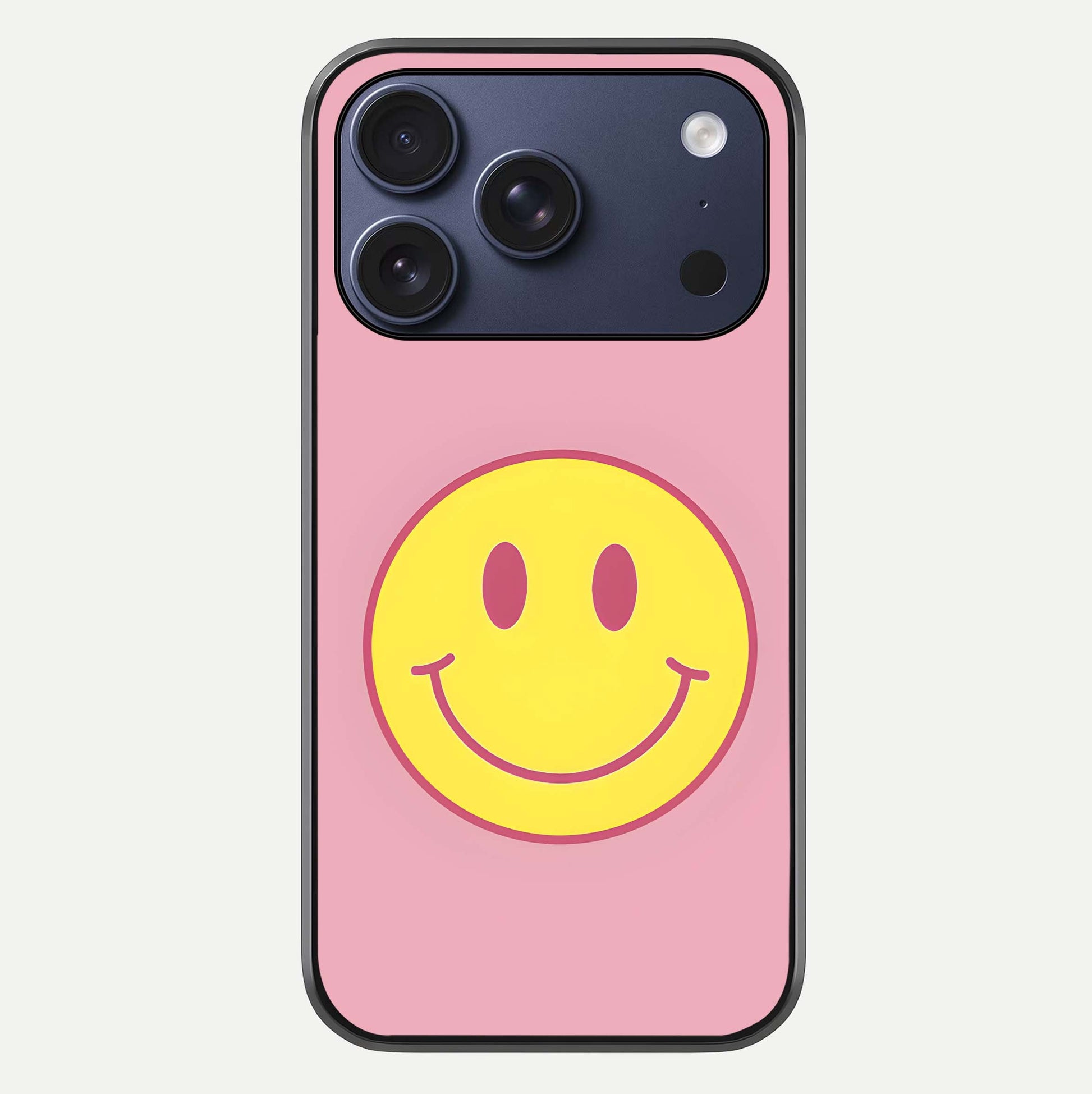 Happy Pink Mood iPhone 17 Pro glass phone case front view featuring cheerful pink tones and playful aesthetic design
