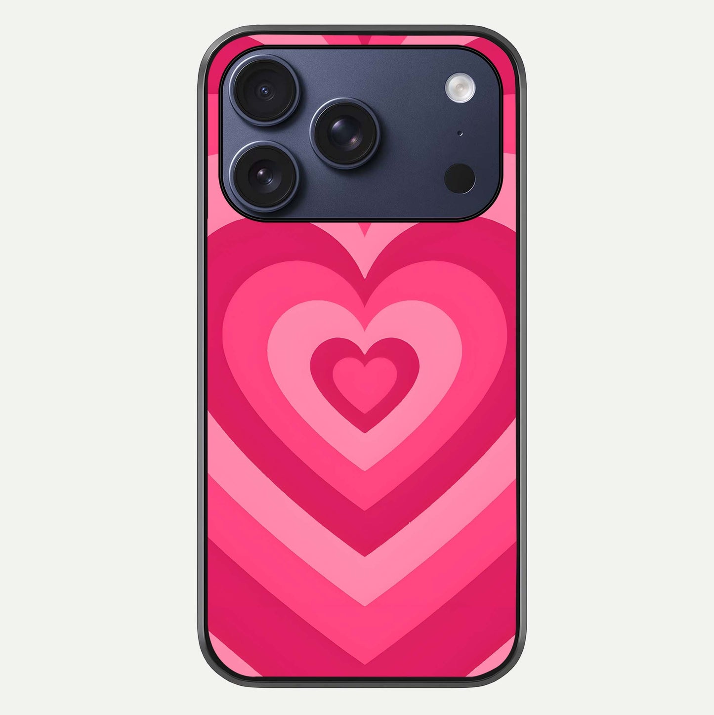 Layered Love Hearts iPhone 17 Pro glass phone case front view showcasing layered heart patterns with romantic aesthetic