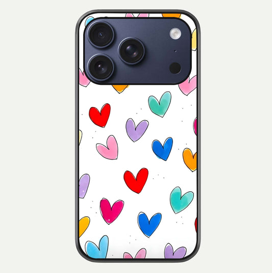 Playful Love Doodles iPhone 17 Pro glass phone case front view featuring cute love doodle illustrations with fun vibe