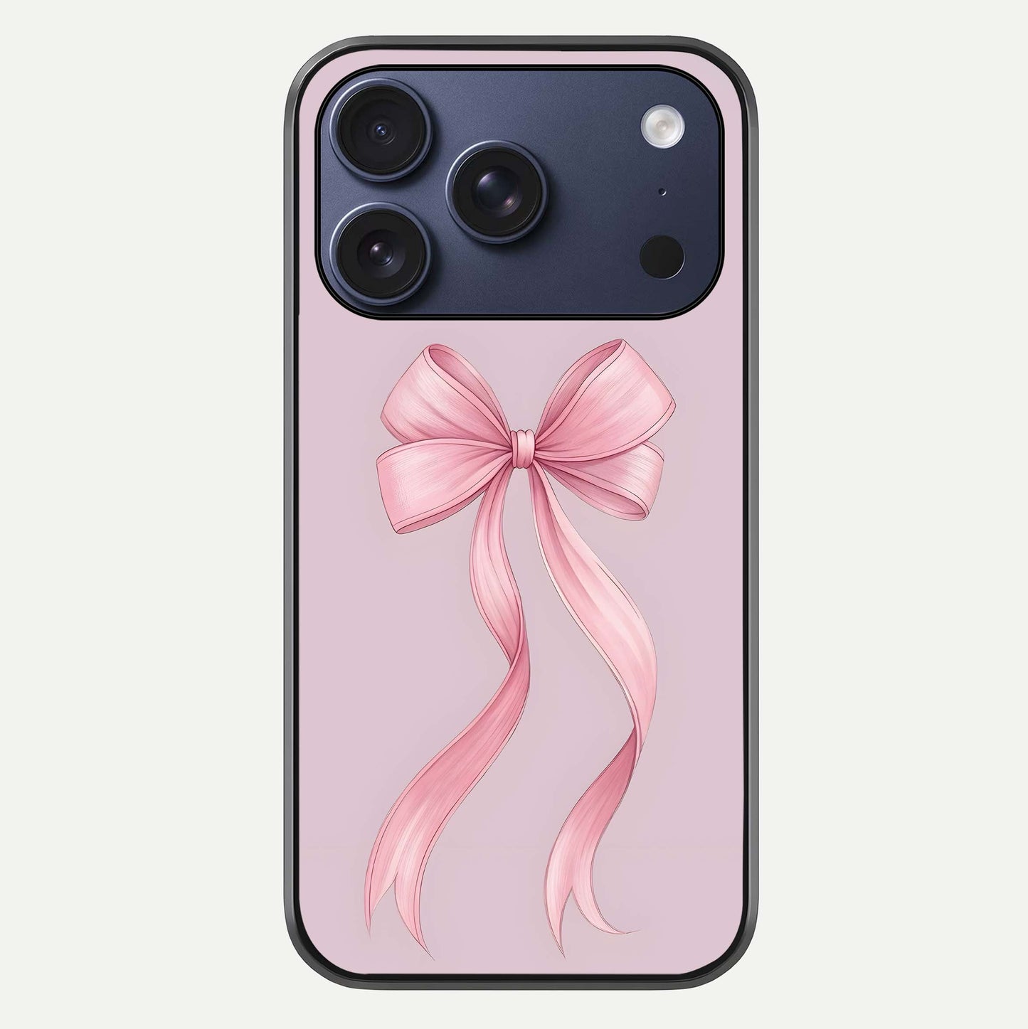 Soft Blush Bow iPhone 17 Pro glass phone case front view showcasing soft blush tones with elegant bow design
