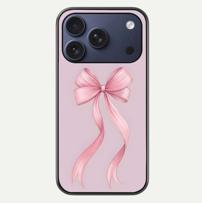 Soft Blush Bow iPhone 17 Pro glass phone case front view showcasing soft blush tones with elegant bow design