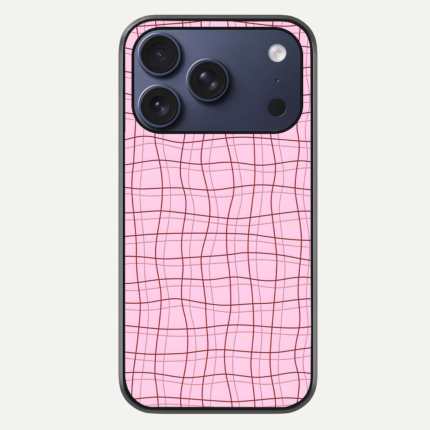 Soft Grid Bliss iPhone 17 Pro glass phone case front view showcasing minimal grid pattern with soft aesthetic
