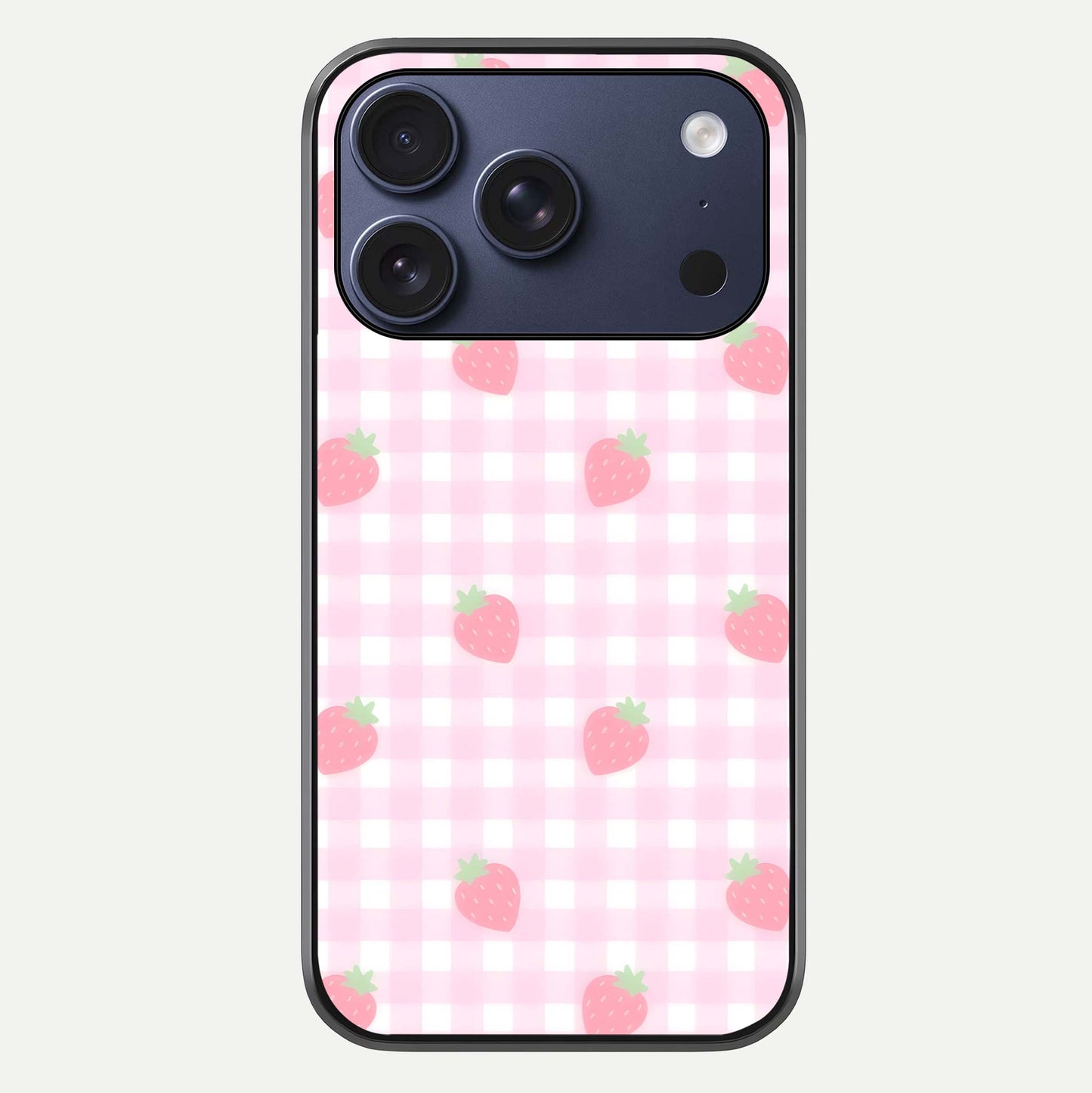Strawberry Picnic Love iPhone 17 Pro glass phone case front view featuring cute strawberry picnic artwork with romantic vibe