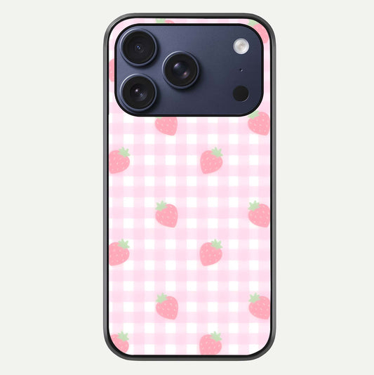 Strawberry Picnic Love iPhone 17 Pro glass phone case front view featuring cute strawberry picnic artwork with romantic vibe