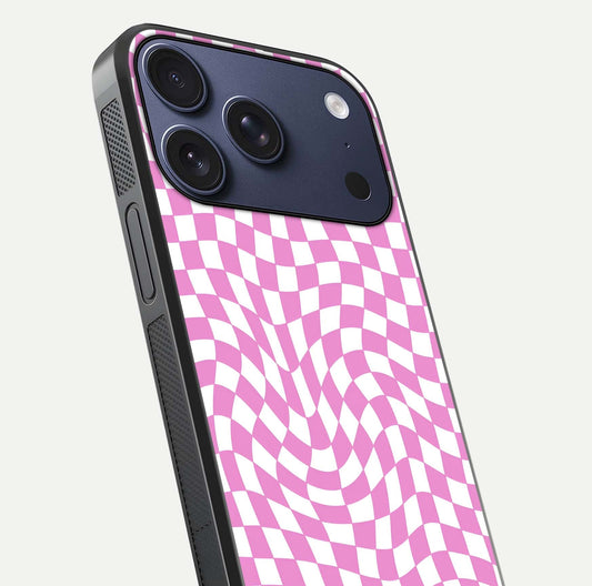 Bubblegum Check Wave iPhone 17 Pro glass phone case angled back view highlighting check wave artwork and side grip texture