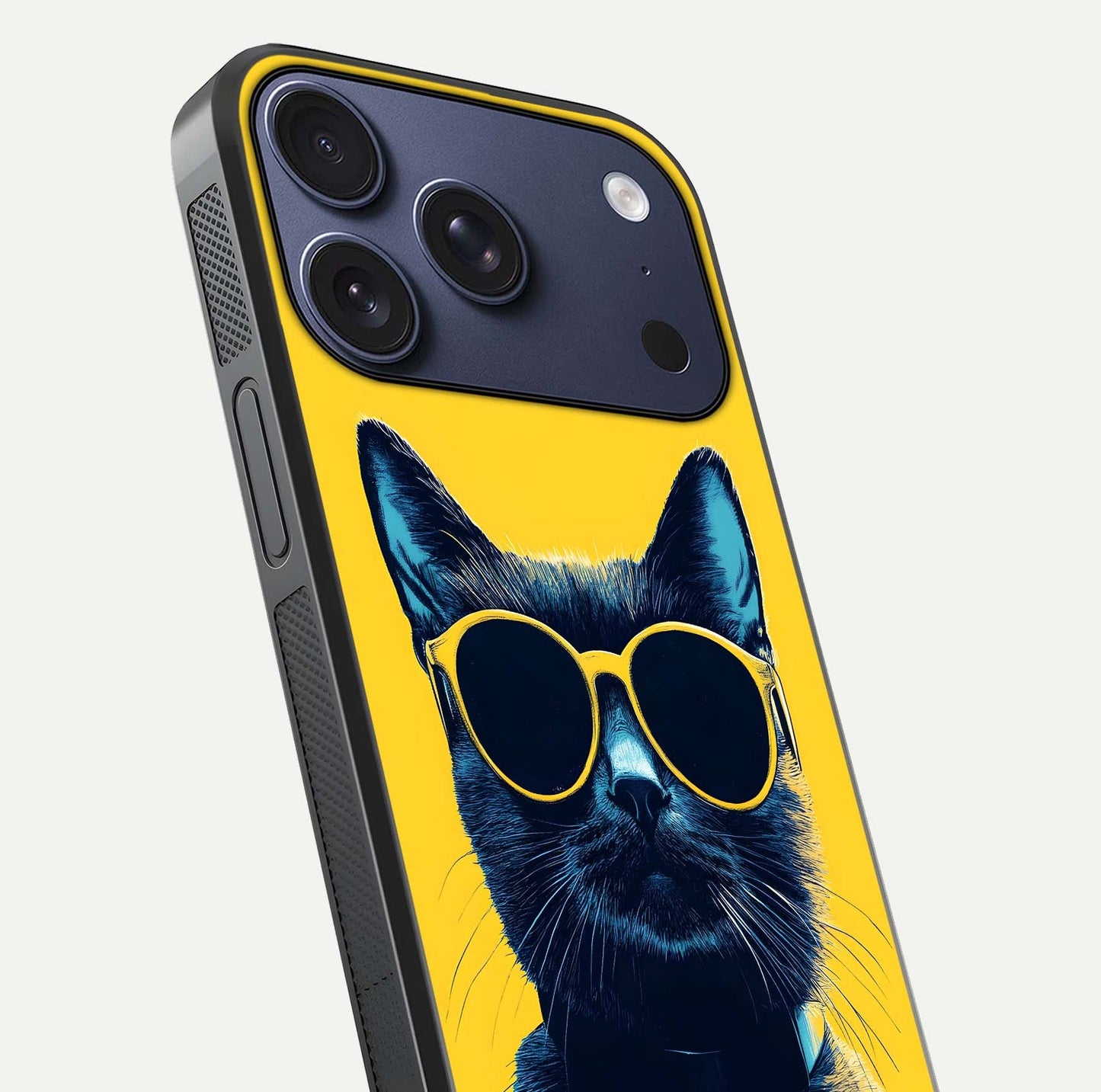 Cool Cat Vibes iPhone 17 Pro glass phone case angled back view highlighting cat artwork and textured side grip