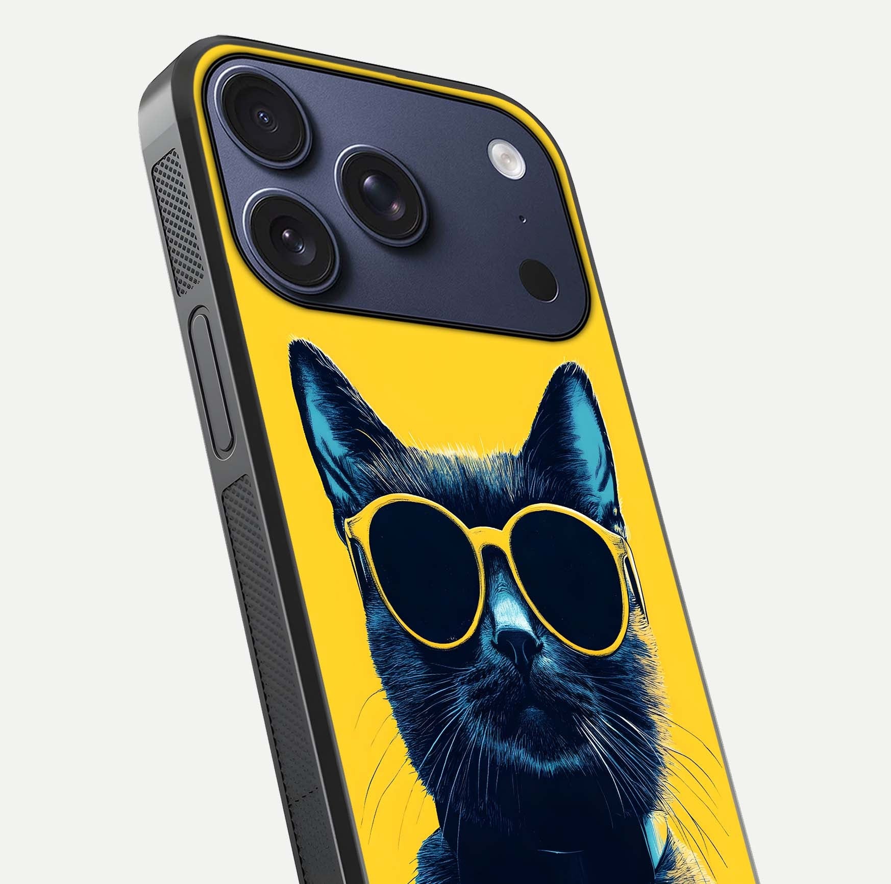 Cool Cat Vibes iPhone 17 Pro glass phone case angled back view highlighting cat artwork and textured side grip