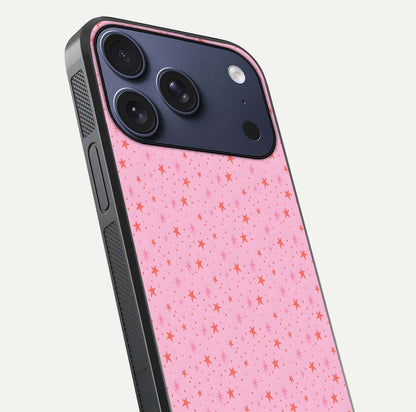 Cosmic Pink Sparkle iPhone 17 Pro glass phone case angled back view highlighting sparkling galaxy design and textured side grip
