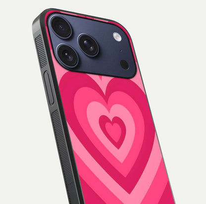 Layered Love Hearts iPhone 17 Pro glass phone case angled back view highlighting heart artwork and textured grip edges