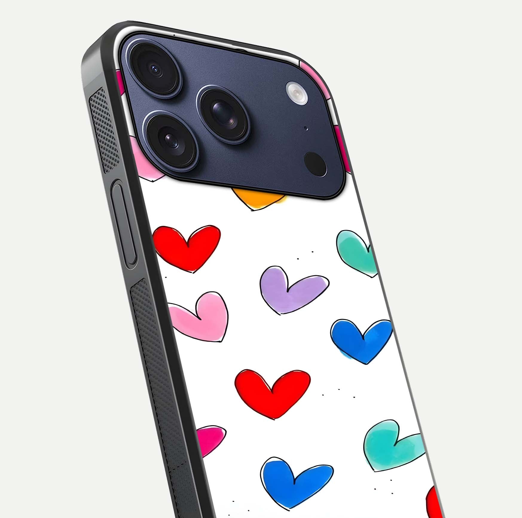 Playful Love Doodles iPhone 17 Pro glass phone case angled back view highlighting doodle artwork and textured grip edges