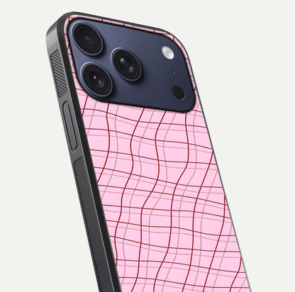 Soft Grid Bliss iPhone 17 Pro glass phone case angled back view highlighting grid artwork and side grip texture