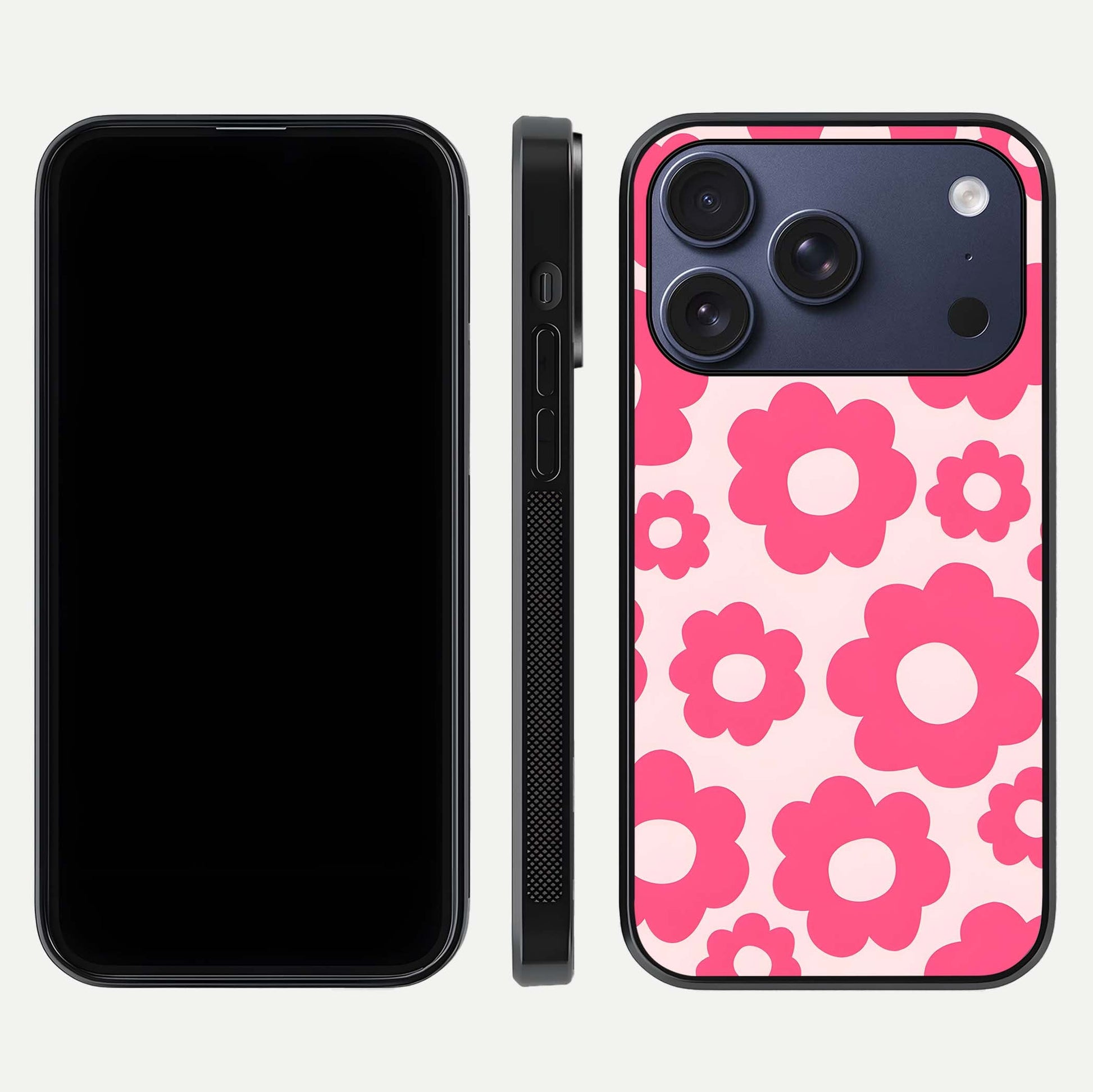 Blush Flower Pop iPhone 17 Pro glass phone case front and side layout view showing slim profile and full floral coverage