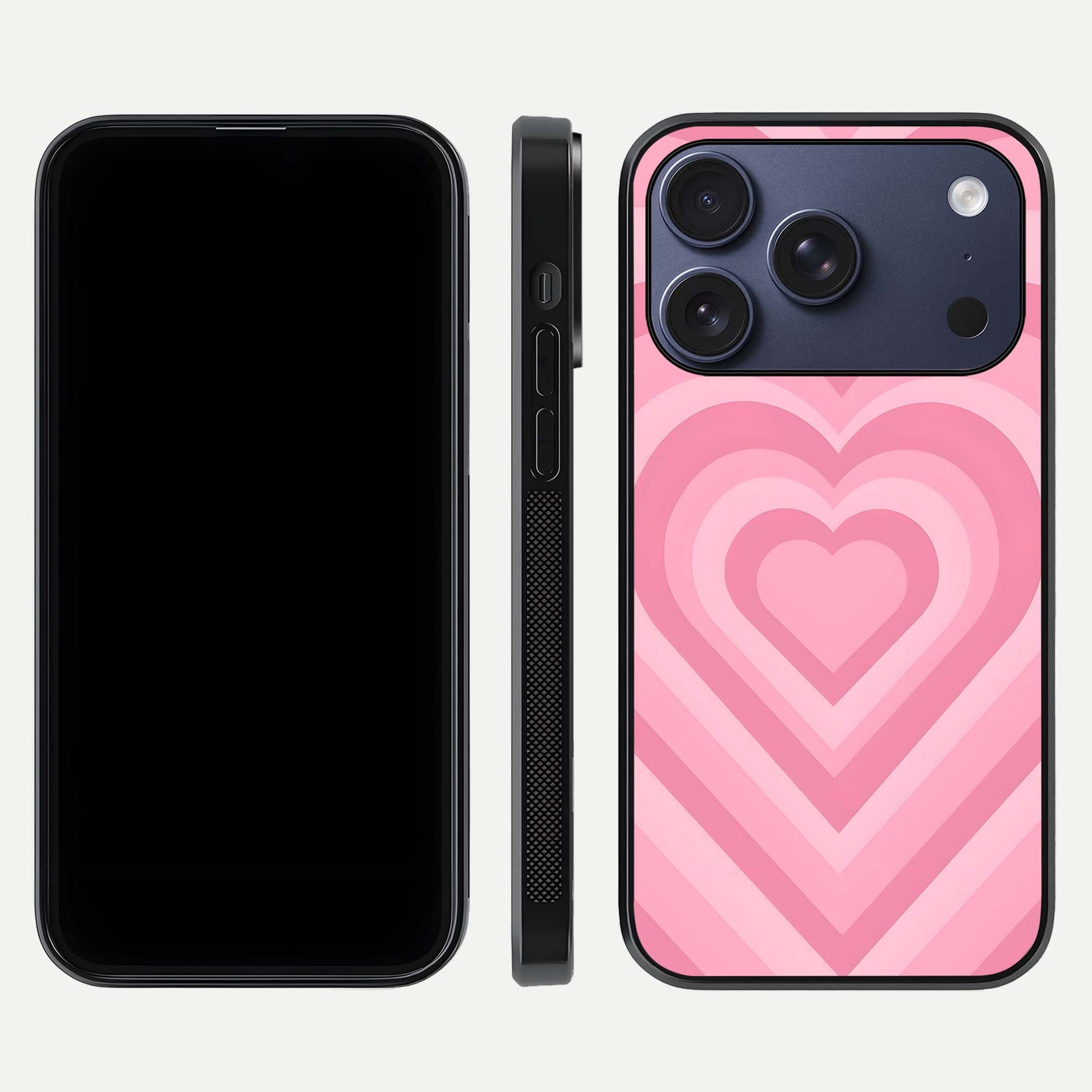 Blush Heart Waves iPhone 17 Pro glass phone case front and side layout view displaying slim frame and full heart pattern