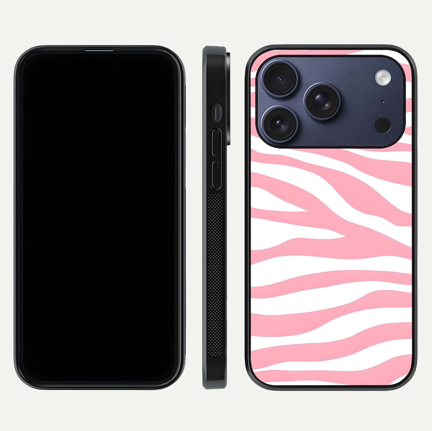 Blush Zebra Flow iPhone 17 Pro glass phone case front and side layout view showing slim build and flowing pattern coverage