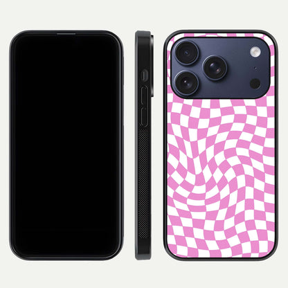 Bubblegum Check Wave iPhone 17 Pro glass phone case front and side layout view displaying slim profile and full pattern coverage