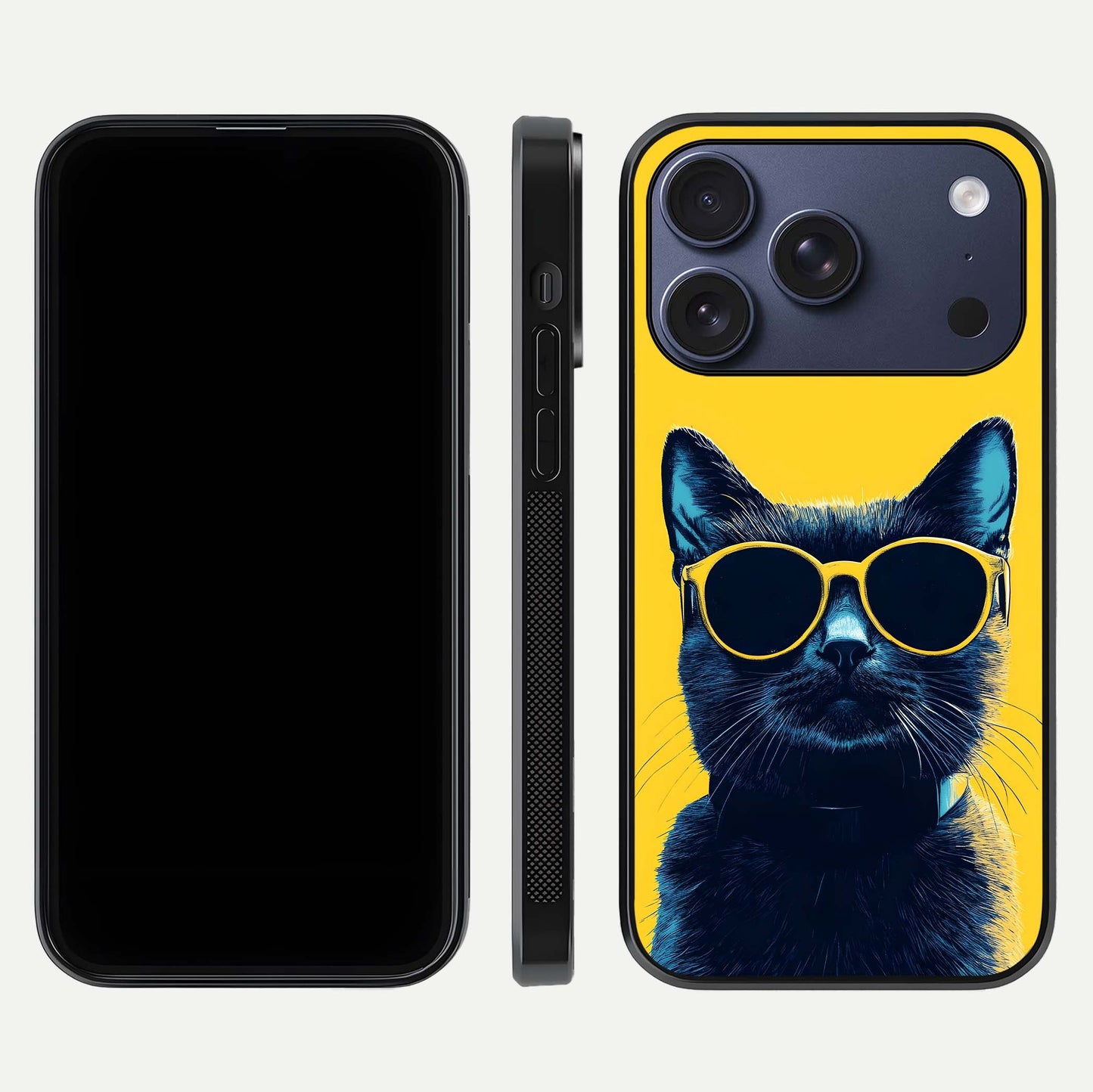 Cool Cat Vibes iPhone 17 Pro glass phone case front and side layout view showing slim frame and full design coverage