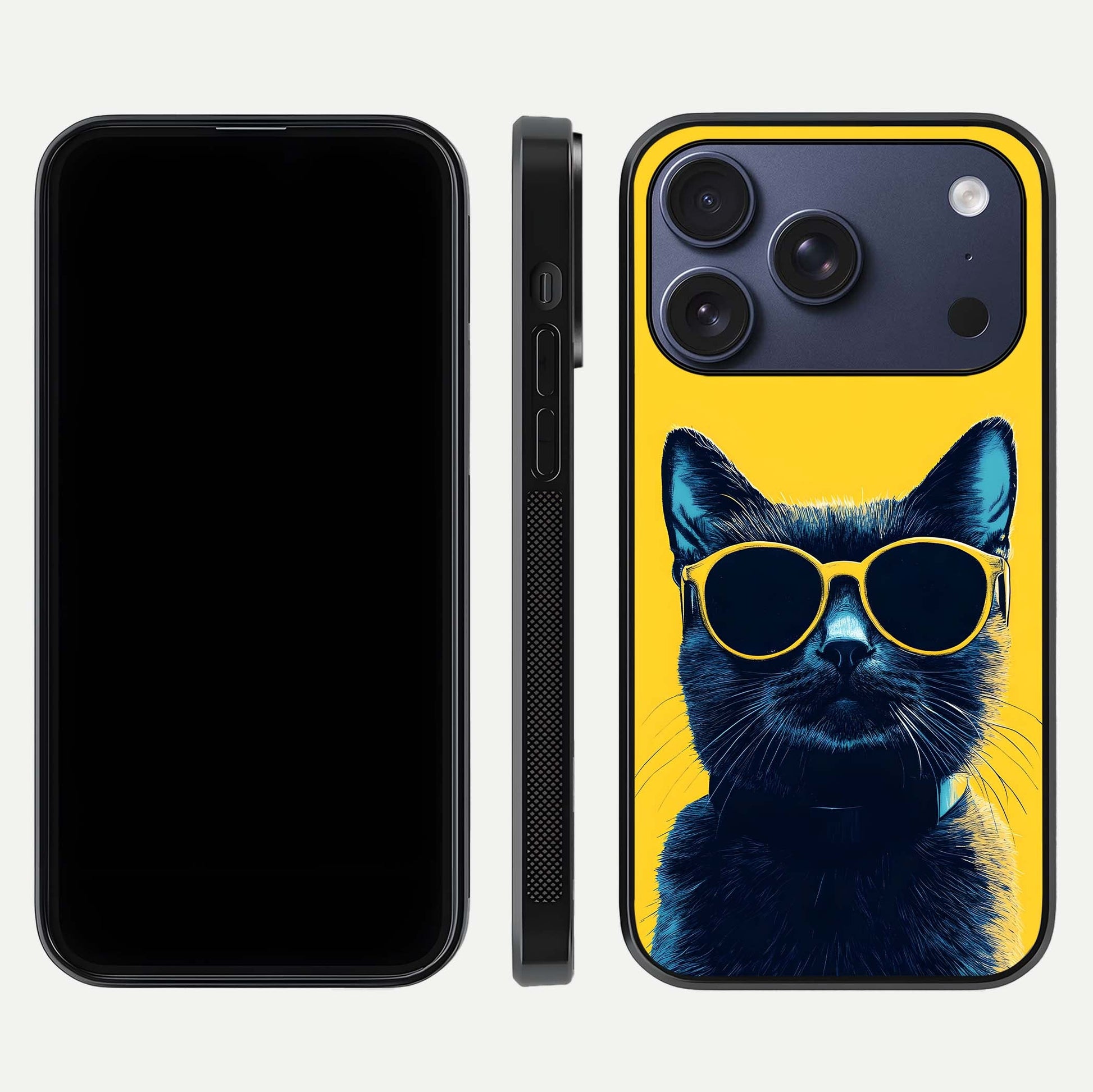Cool Cat Vibes iPhone 17 Pro glass phone case front and side layout view showing slim frame and full design coverage