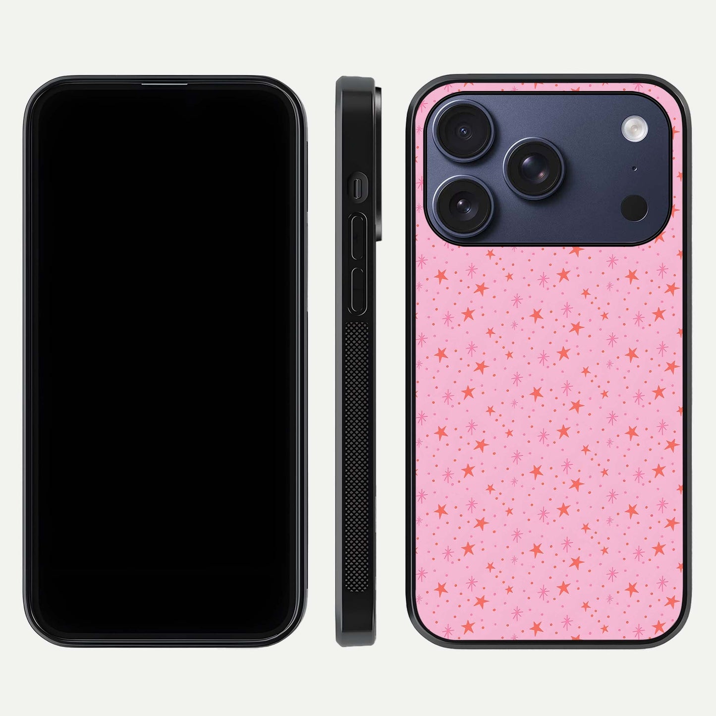 Cosmic Pink Sparkle iPhone 17 Pro glass phone case front and side layout view displaying slim profile and full cosmic coverage