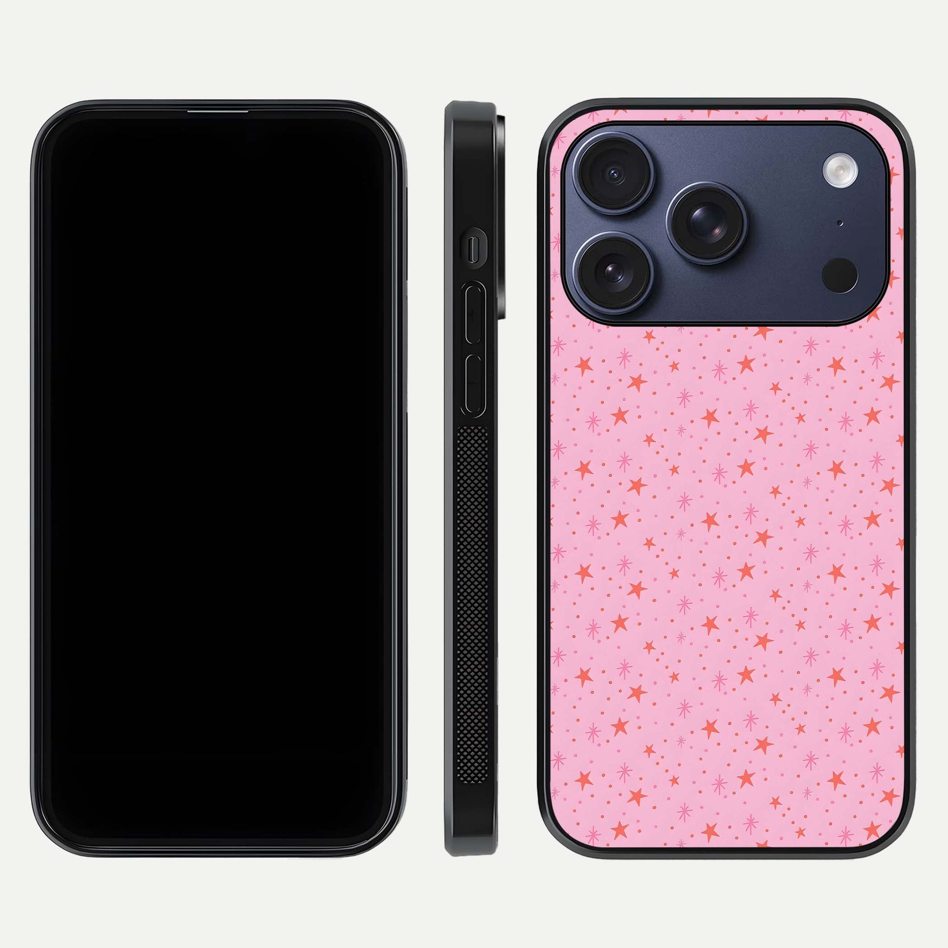 Cosmic Pink Sparkle iPhone 17 Pro glass phone case front and side layout view displaying slim profile and full cosmic coverage