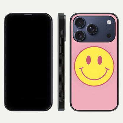 Happy Pink Mood iPhone 17 Pro glass phone case front and side layout view showing slim build and full pink coverage