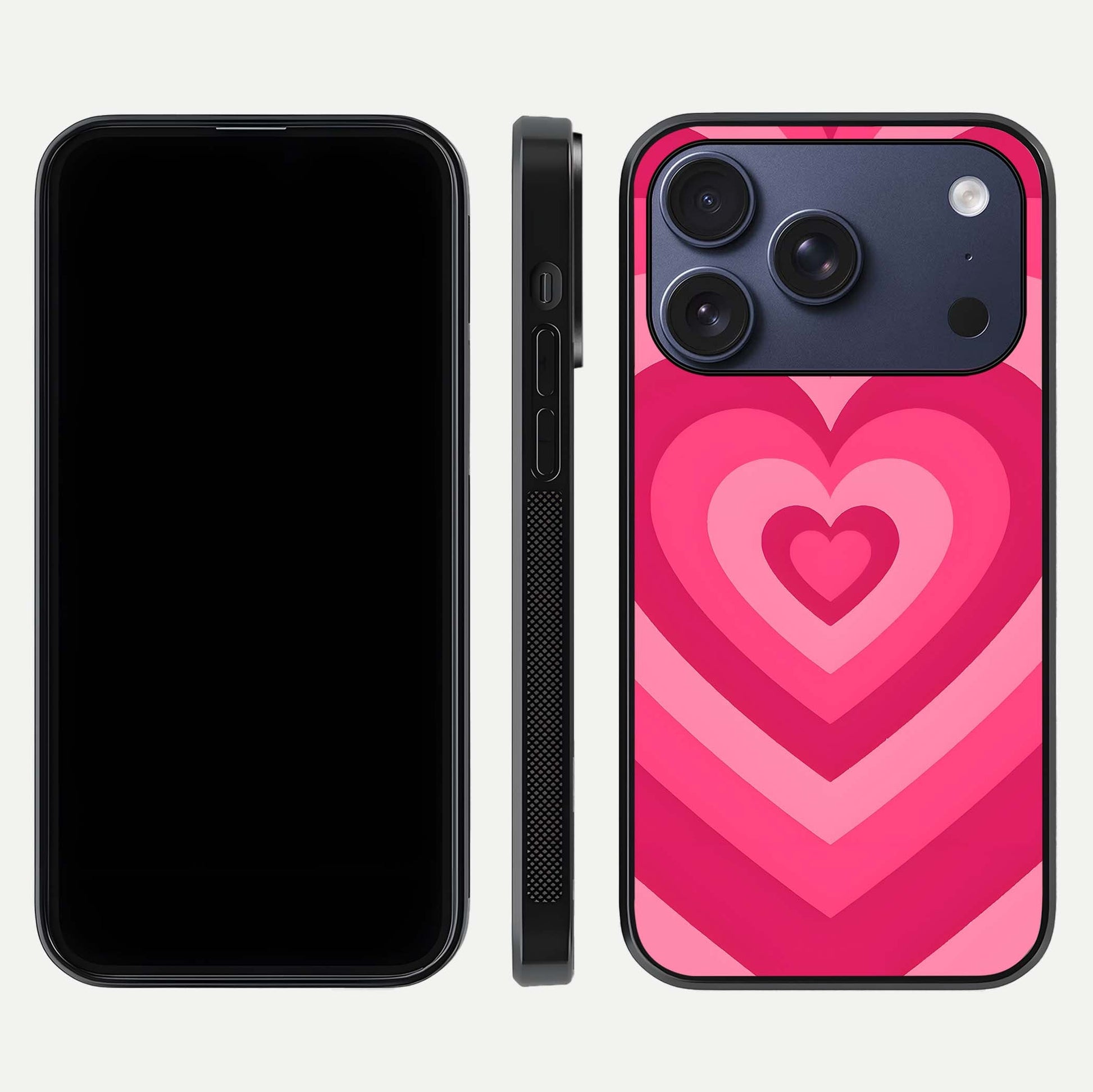 Layered Love Hearts iPhone 17 Pro glass phone case front and side layout view displaying slim profile and full heart design