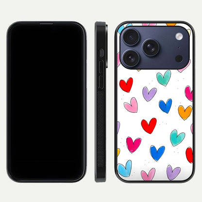 Playful Love Doodles iPhone 17 Pro glass phone case front and side layout view showing slim build and full doodle coverage