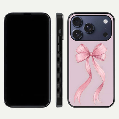 Soft Blush Bow iPhone 17 Pro glass phone case front and side layout view displaying slim profile and gentle aesthetic