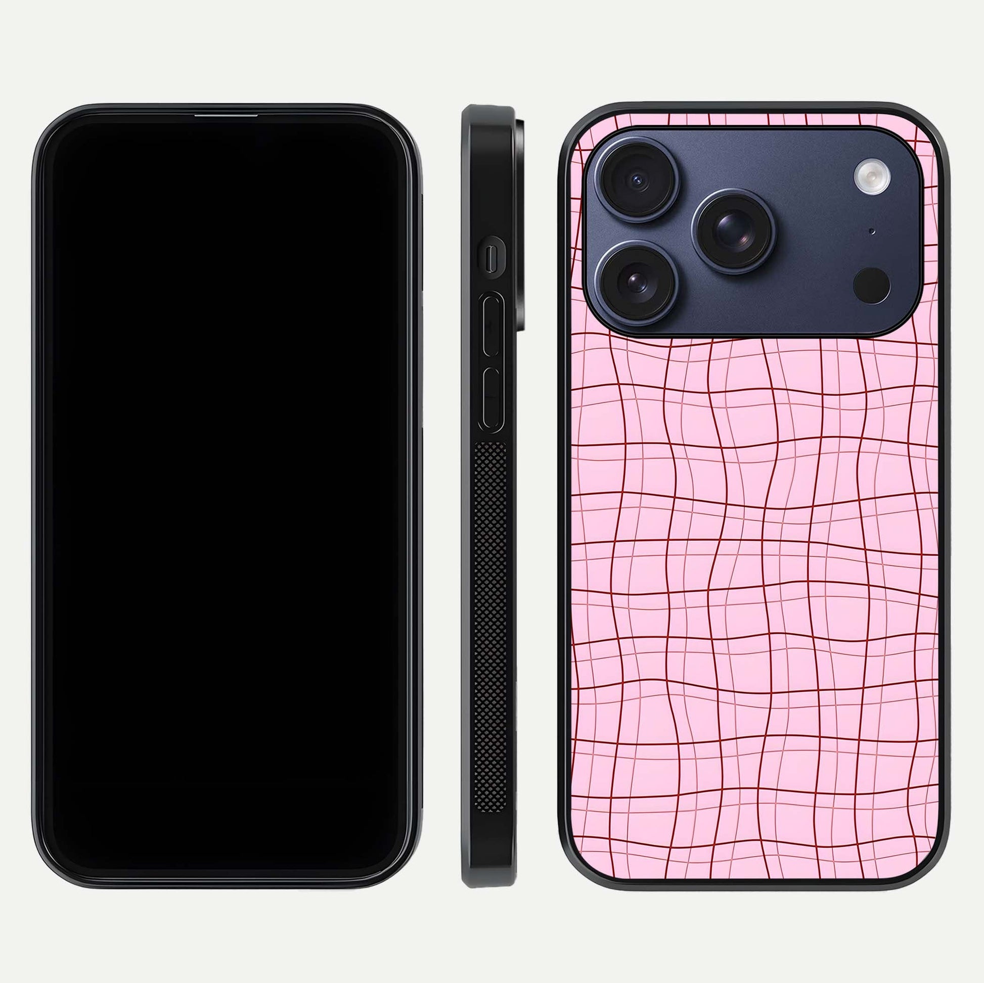 Soft Grid Bliss iPhone 17 Pro glass phone case front and side layout view displaying slim profile and clean design