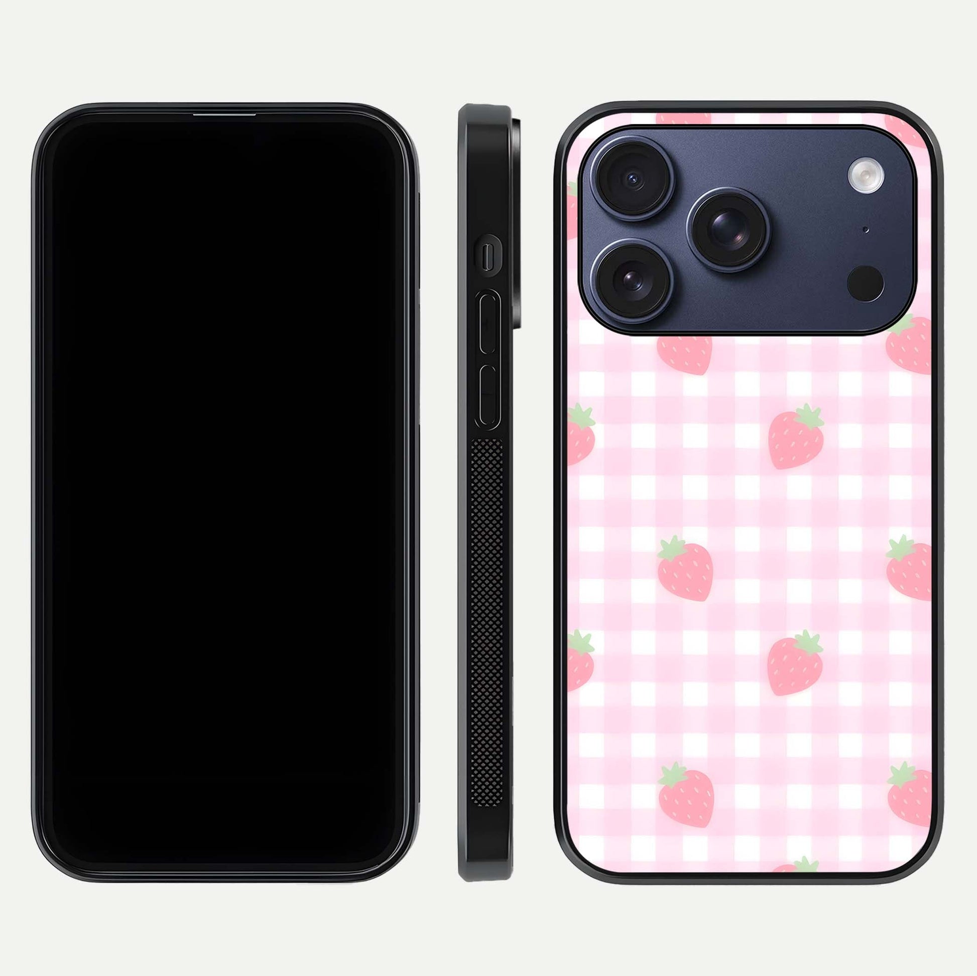 Strawberry Picnic Love iPhone 17 Pro glass phone case front and side layout view showing slim profile and full picnic design