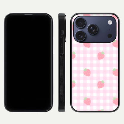 Strawberry Picnic Love iPhone 17 Pro glass phone case front and side layout view showing slim profile and full picnic design