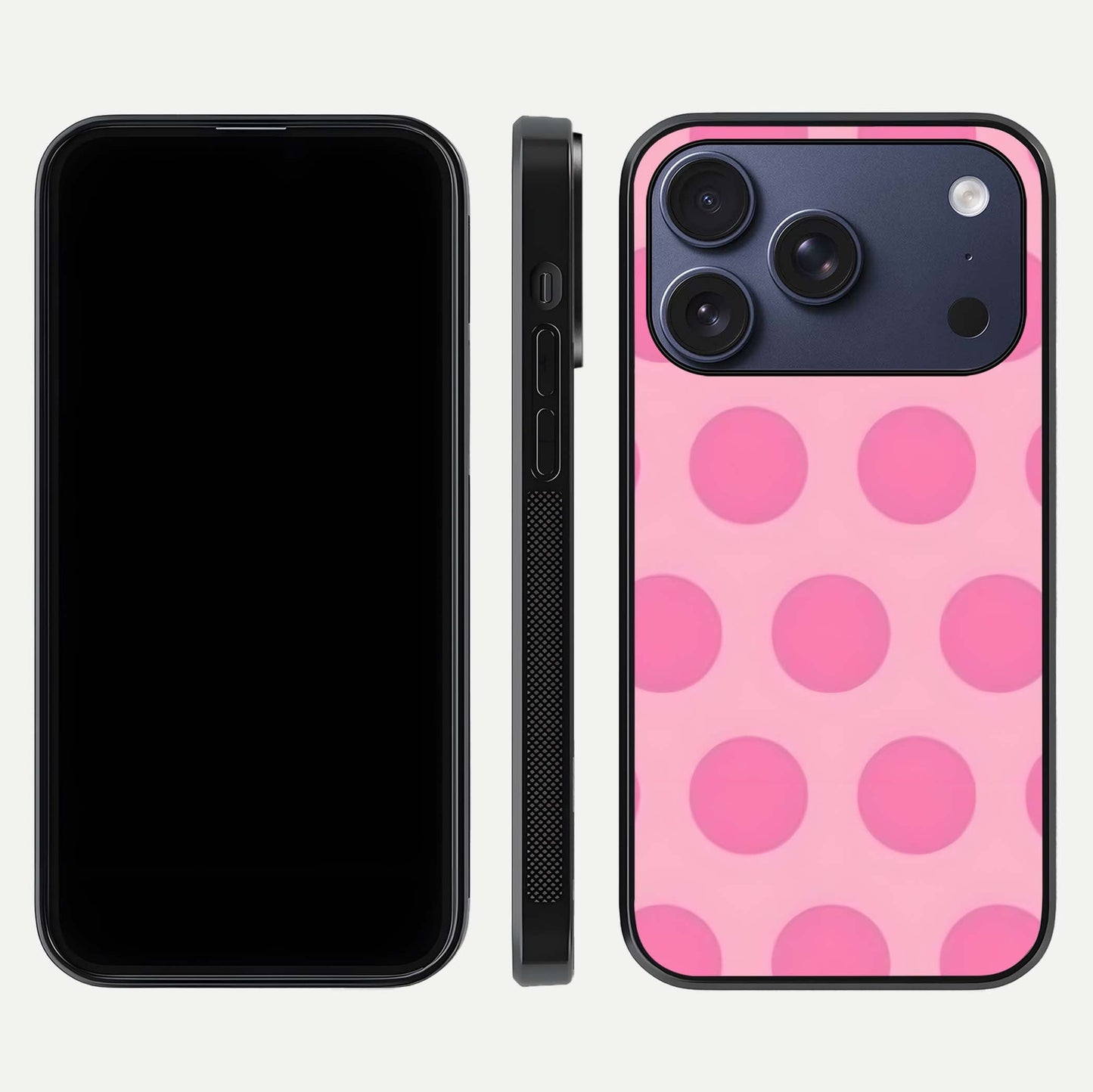 Sweet Dot Dreams iPhone 17 Pro glass phone case front and side layout view displaying slim build and full dot design