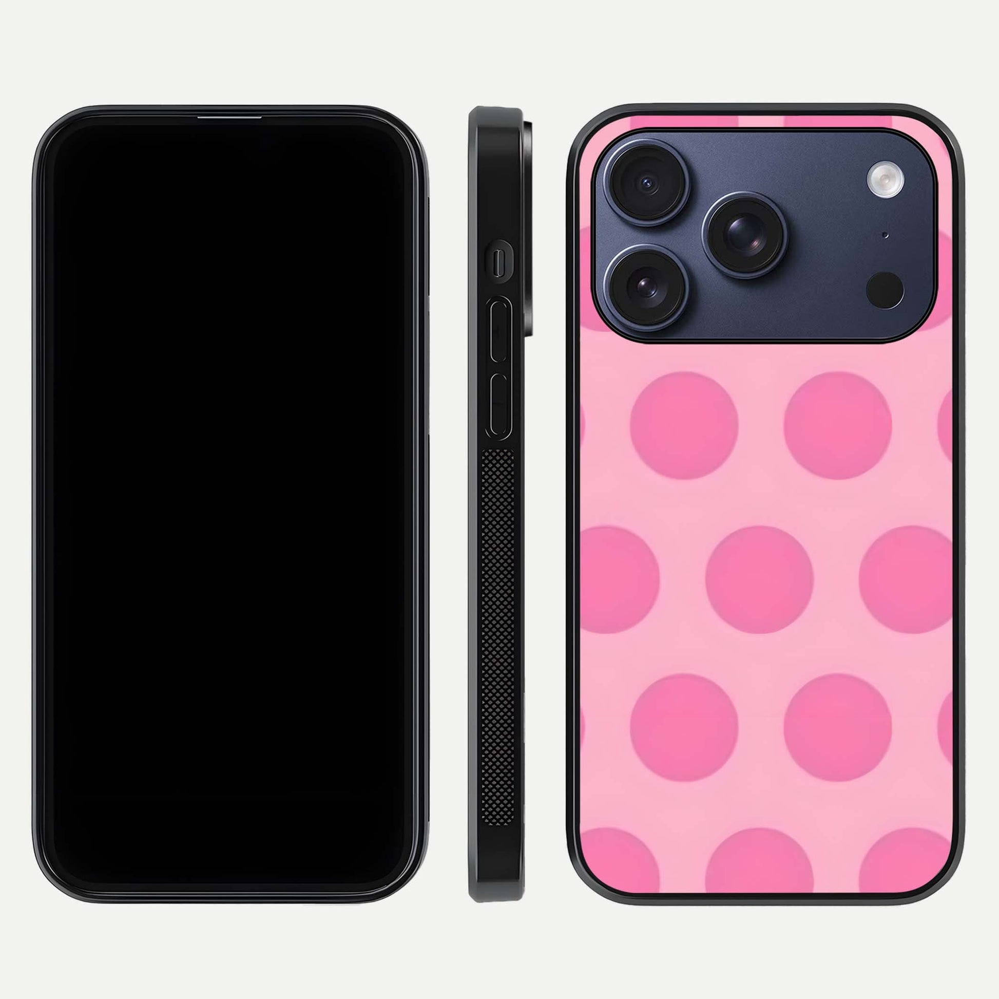 Sweet Dot Dreams iPhone 17 Pro glass phone case front and side layout view displaying slim build and full dot design