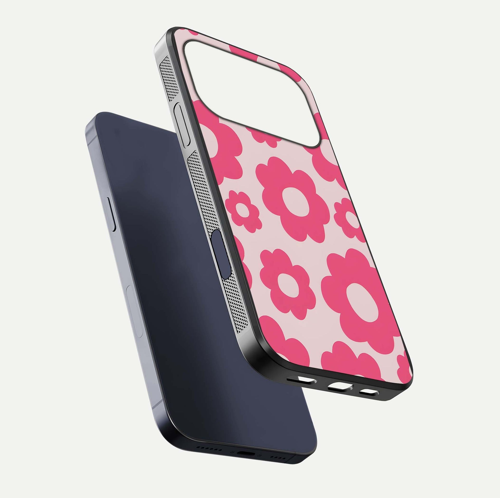 Blush Flower Pop iPhone 17 Pro glass phone case floating view emphasizing premium build and vibrant flower artwork