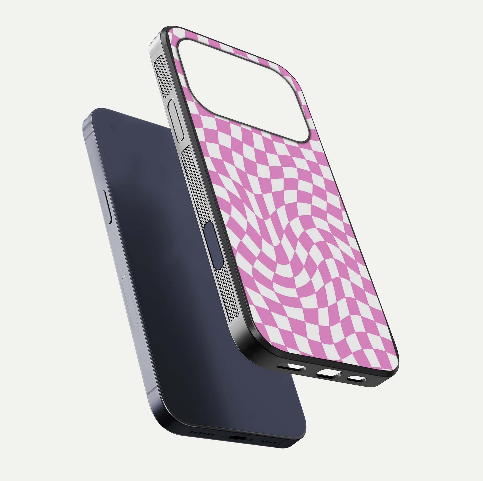 Bubblegum Check Wave iPhone 17 Pro glass phone case floating view emphasizing premium glass finish and vibrant design