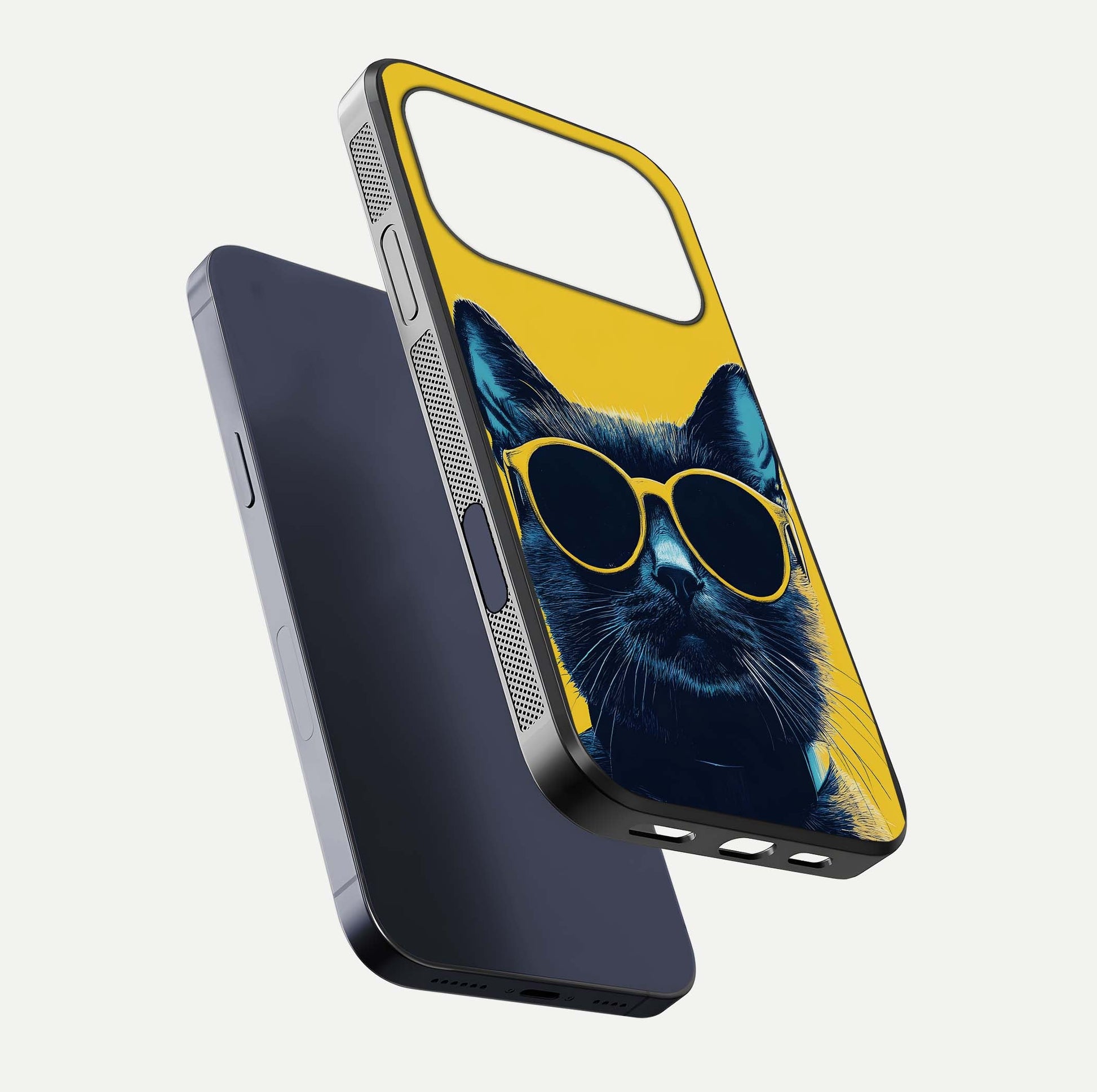 Cool Cat Vibes iPhone 17 Pro glass phone case floating view emphasizing glossy finish and fun cat vibe