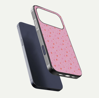 Cosmic Pink Sparkle iPhone 17 Pro glass phone case floating view emphasizing premium glass surface and glittering details