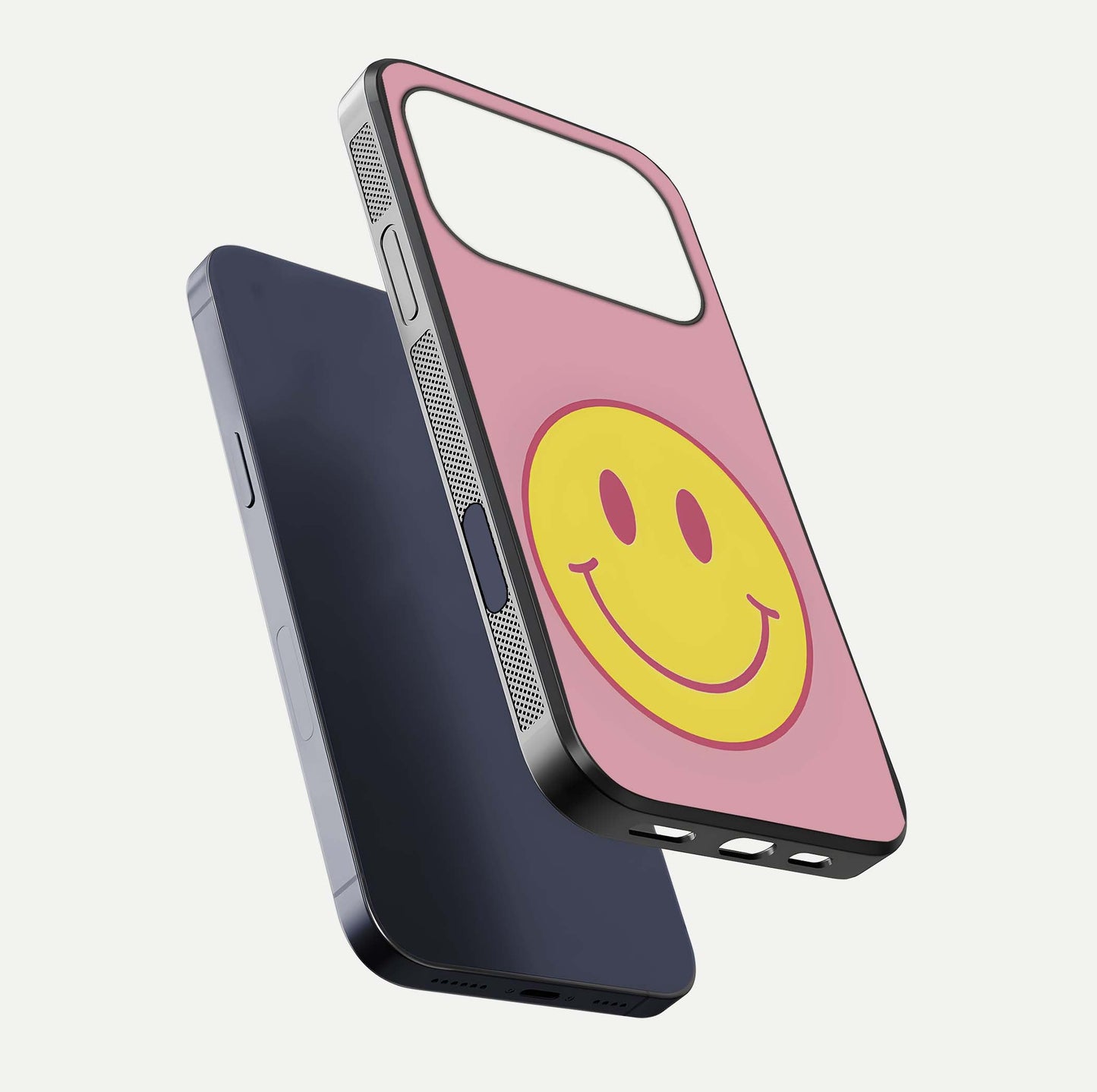 Happy Pink Mood iPhone 17 Pro glass phone case floating view emphasizing glossy finish and joyful color palette