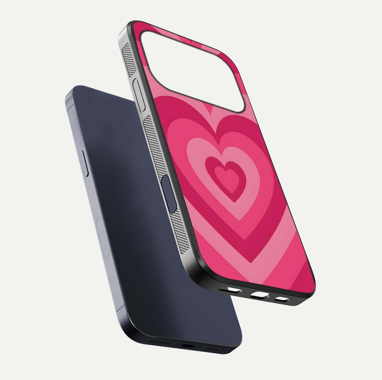 Layered Love Hearts iPhone 17 Pro glass phone case floating view emphasizing glossy surface and layered heart details