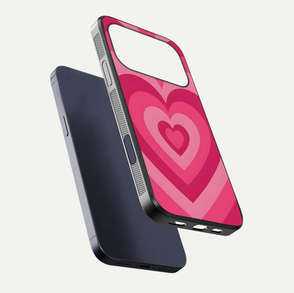 Layered Love Hearts iPhone 17 Pro glass phone case floating view emphasizing glossy surface and layered heart details