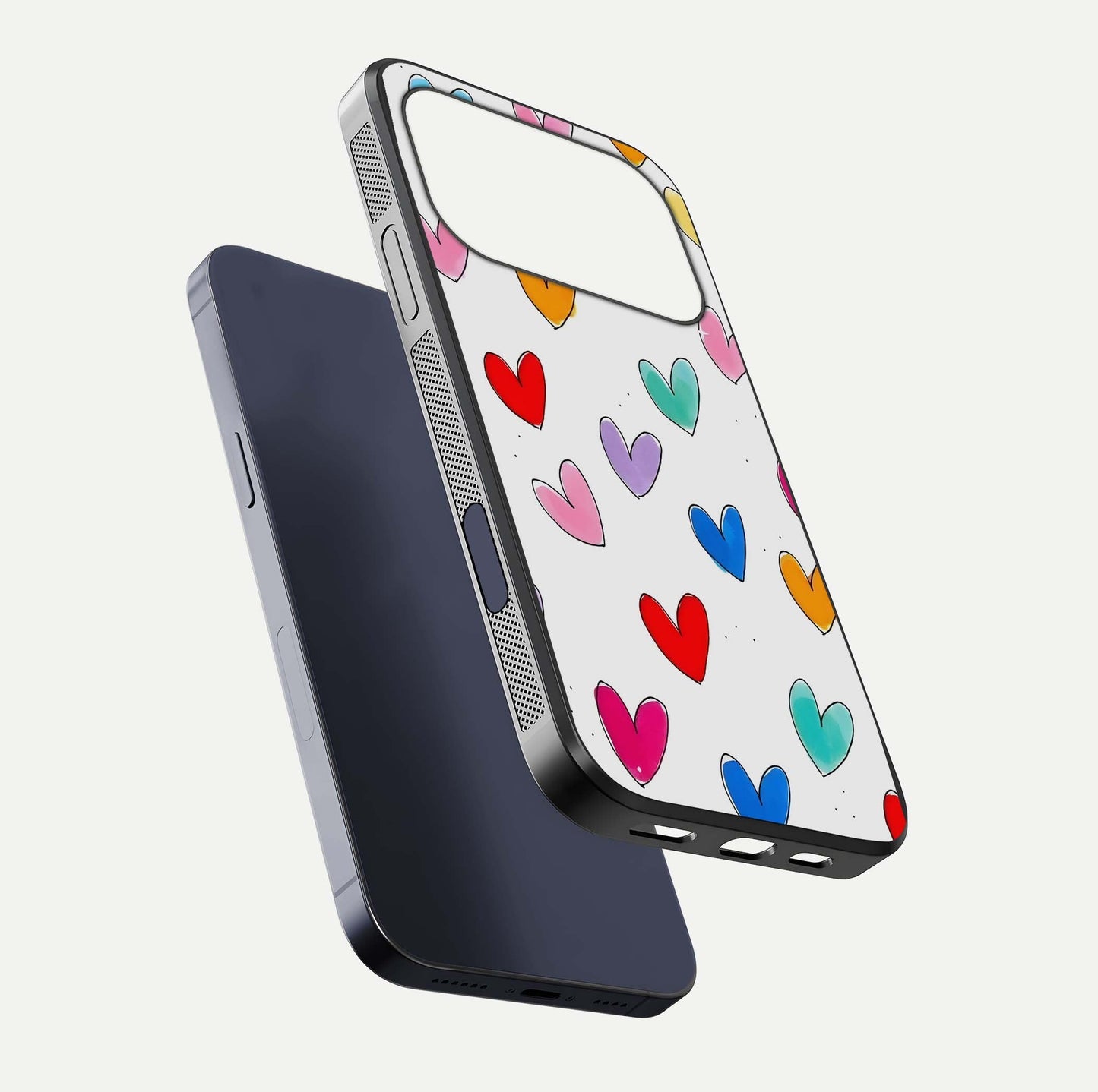 Playful Love Doodles iPhone 17 Pro glass phone case floating view emphasizing glossy finish and playful design